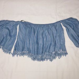 Off-the-shoulder Cropped Fringe Denim Top